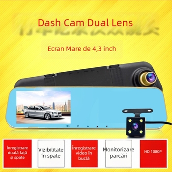 Înregistrator auto cu oglindă retrovizoare, lentile duale 1080p, înregistrare frontală și posterioară, unghi de 170°, monitorizare parcare, suport TF card până la 32GB