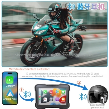 Navigație motocicletă CarPlay wireless, IP67 impermeabil, afișaj portabil, suport TF până la 64GB, alimentare 12V