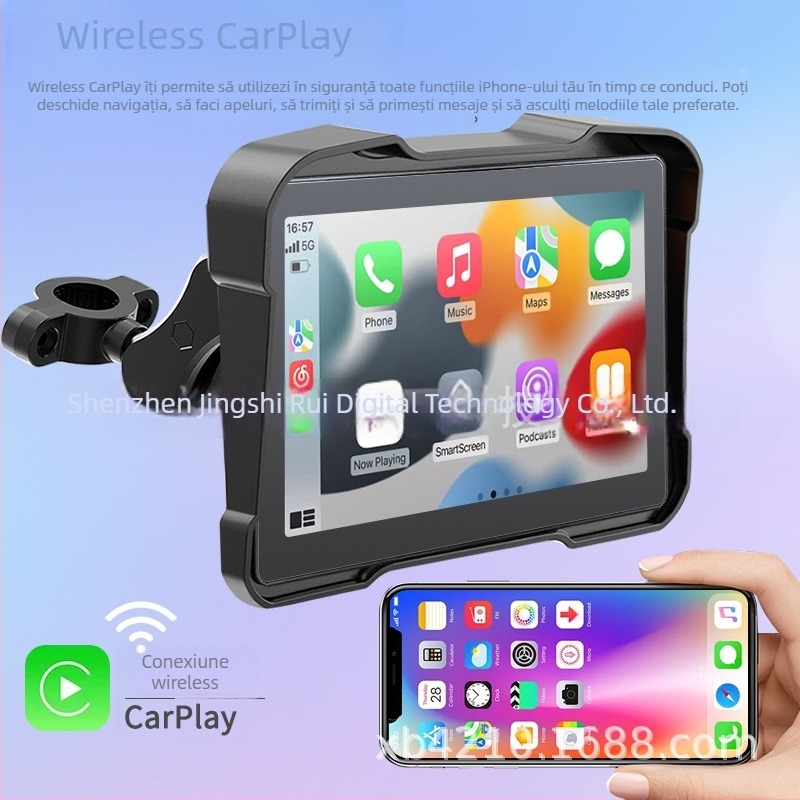 Navigație motocicletă CarPlay wireless, IP67 impermeabil, afișaj portabil, suport TF până la 64GB, alimentare 12V