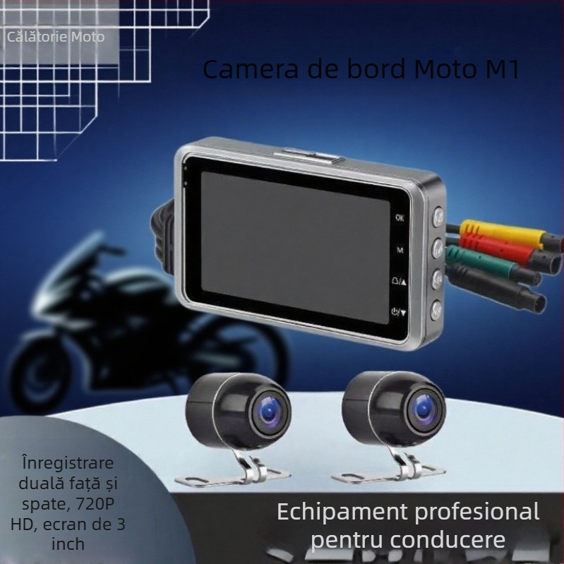 Camera pentru motocicletă cu lentile duale față și spate, 720P HD, unghi larg 140°, suport TF card până la 128GB, înregistrare ciclică