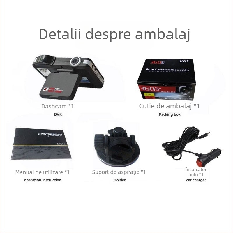 Detector radar și cameră de bord 2 în 1 pentru mașină; unghi de vizualizare 120°, înregistrare 720p, interfață USB/HDMI, ecran de 2,7 inchi