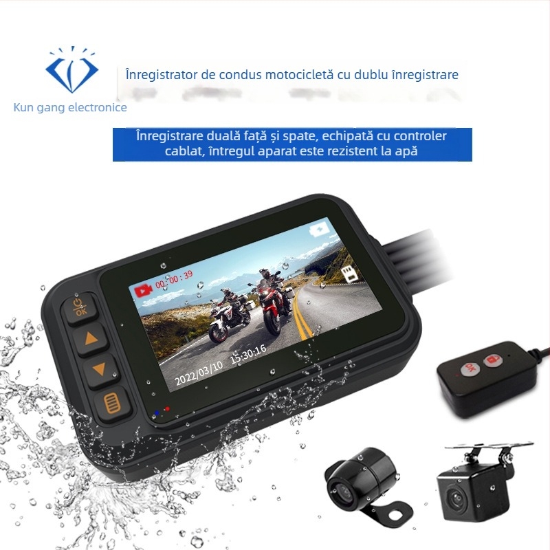 MT-55 Dash Cam pentru motocicletă cu cameră duală față-spate, unghi larg 120°, 2MP, până la 64GB, alimentare 12–24V