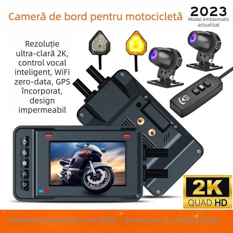 Camera de bord pentru motocicletă 2K HD cu ADAS, avertisment pentru unghi mort BSD, înregistrare GPS, rezistentă la apă