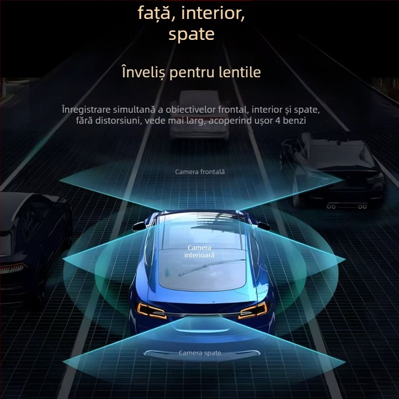 Dashcam cu patru lentile, rezoluție 1080p, unghi de vizualizare 150°, ecran de 3,0 inchi, transfer USB de date