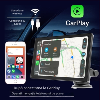 Navigație multimedia MP5 pentru mașină cu Bluetooth, Apple CarPlay și Android Auto; redare video AVI/MP4 și audio MP3/WAV; slot MicroSD