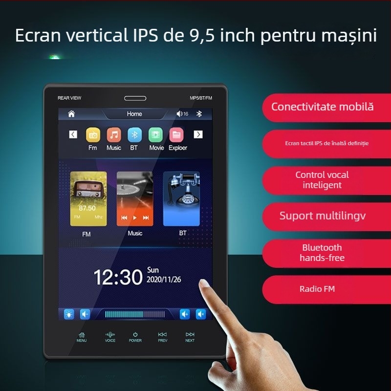 Unitate multimedia auto MP5 cu ecran tactil capacitiv IPS HD, suportă Apple CarPlay și Android Auto, redare USB/TF, alimentare 12V