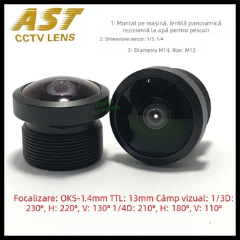 Lentilă fisheye pentru Cameră auto – 1.4 mm distanță focală, unghi de vizualizare 220°, montaj M12, diafragmă f/1.8–f/2.0, distanța minimă de focalizare 0.2 m
