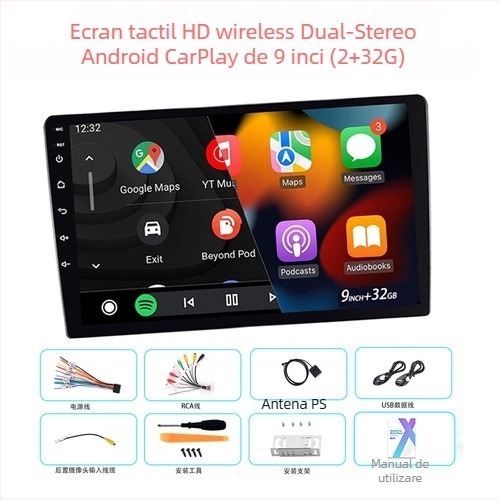 Android Wireless CarPlay ecran OLED capacitiv, MP5 player auto, 2+32GB, FM radio, 12V DC