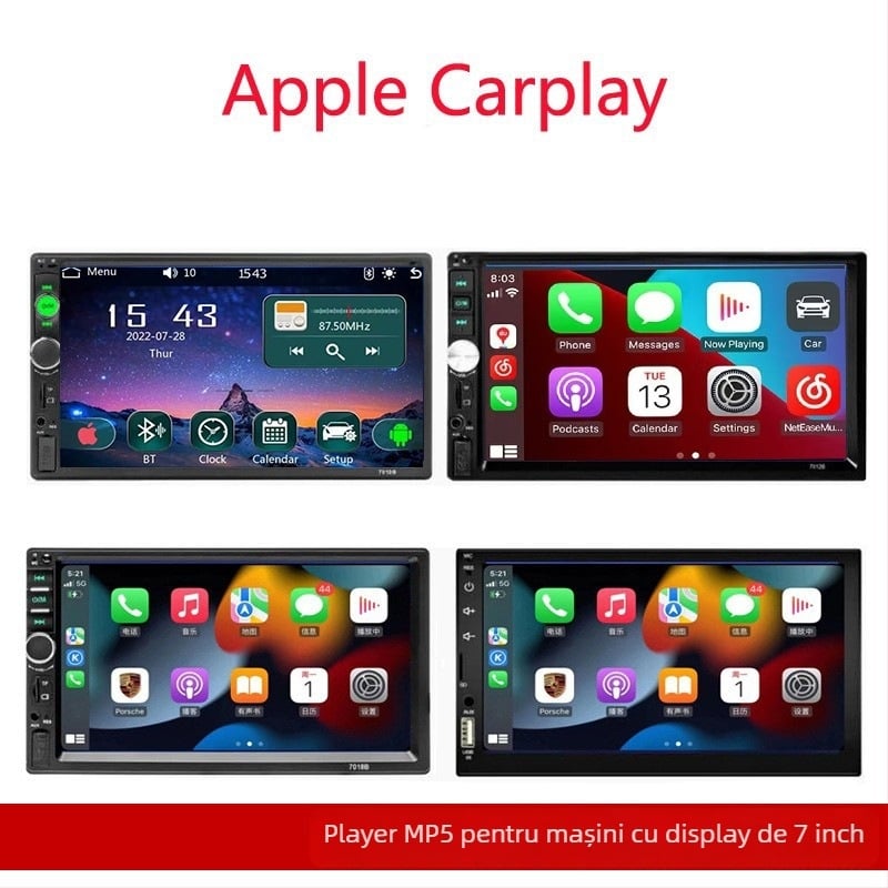 Player MP5 cu CarPlay wireless pentru mașină, Bluetooth, slot SD, sunet 3D, model 701, rază 20 m, formate video AVI RMVB MPEG-4 FLV MPG RealPlayer
