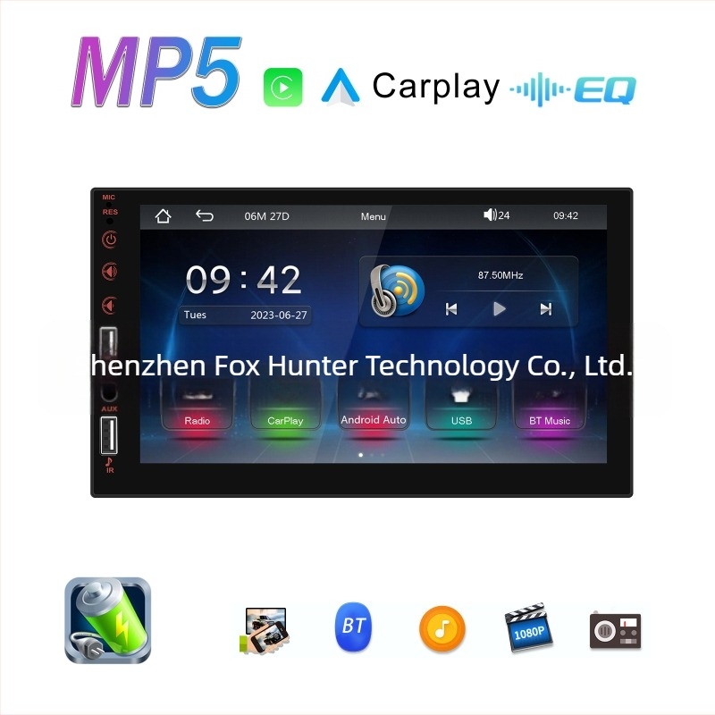Player MP5 de mașină, 7 inch, cu CarPlay prin cablu, Bluetooth, integrare cu camera de mers înapoi, suport pentru card SD, alimentare 12–24V DC