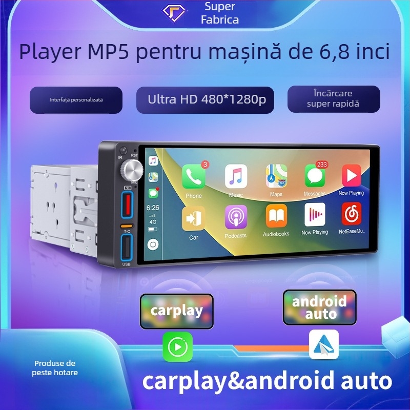 TH-68001 MP5 player auto cu imagine HD la vedere în spate, CarPlay & Android Auto, încărcare USB rapidă, suport SD card, garanție de 1 an