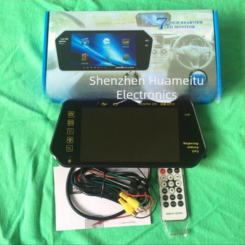 Display oglindă retrovizoare auto cu ecran LCD, alimentare 12–24V DC, suport card SD, formate video MP4/FLV și altele, formate audio MP3/WAV/APE/FLAC