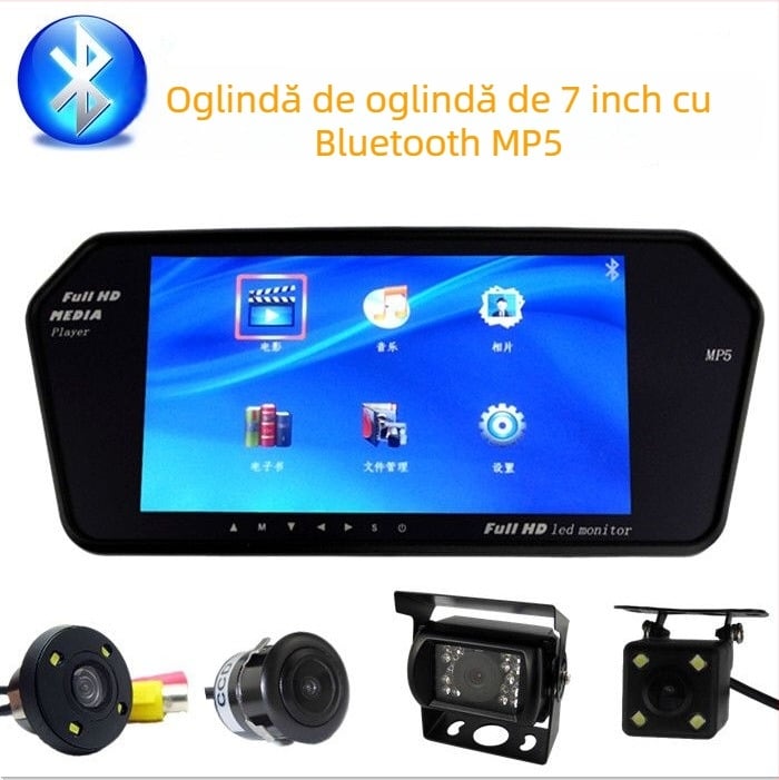 Display oglindă retrovizoare auto cu ecran LCD, alimentare 12–24V DC, suport card SD, formate video MP4/FLV și altele, formate audio MP3/WAV/APE/FLAC