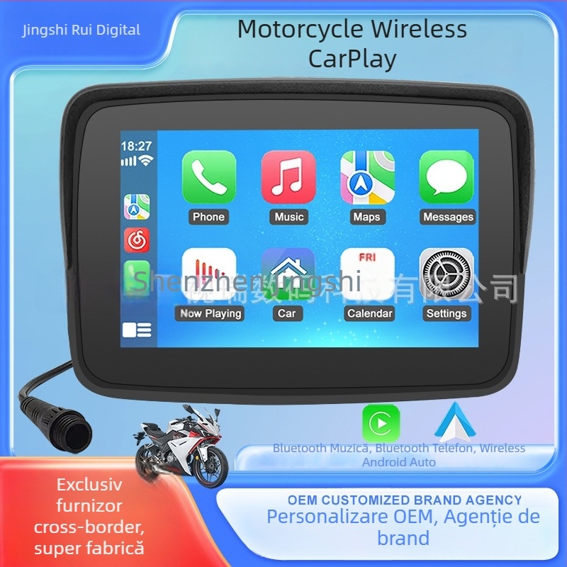 Display de navigație pentru motocicletă cu CarPlay wireless, ecran detașabil portabil, impermeabil HD, Bluetooth, alimentare 12-24V DC