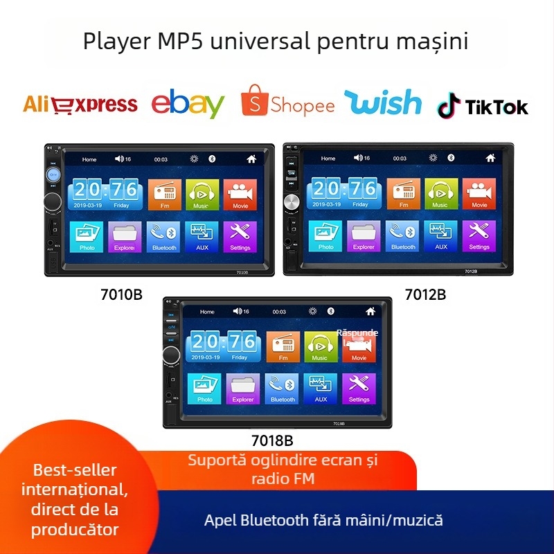 Player MP5 auto, 7 inch OLED, cu CarPlay, Bluetooth și imagine de parcare inversă, alimentare 12-24V DC