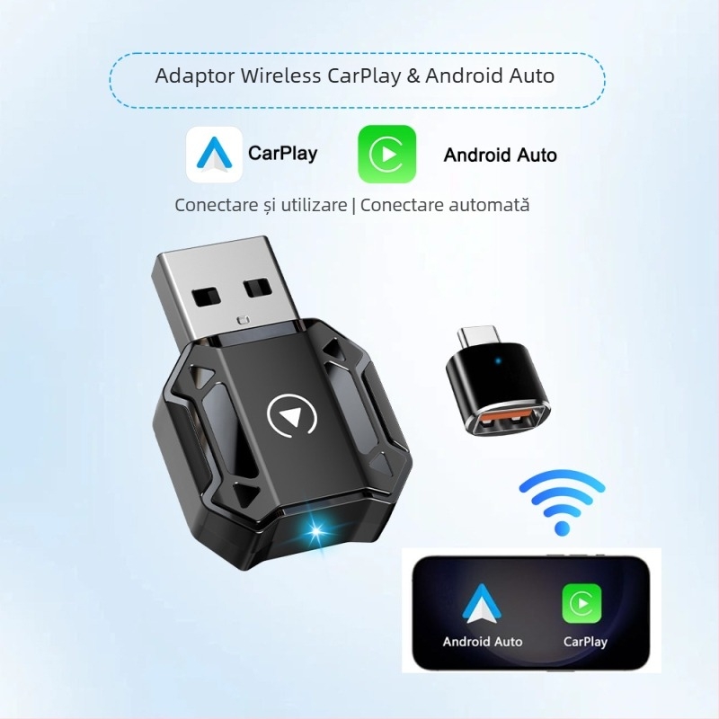 Adaptor wireless CarPlay și Android Auto pentru mașină — navigație inteligentă 2 în 1, model M36, OS AX1800, 16GB stocare, interfețe USB și USB-C