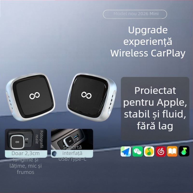 Adaptor wireless CarPlay și Android Auto – Mini converter USB, Model D08, JTOVI, ABS, pentru vehicule cu CarPlay cablat