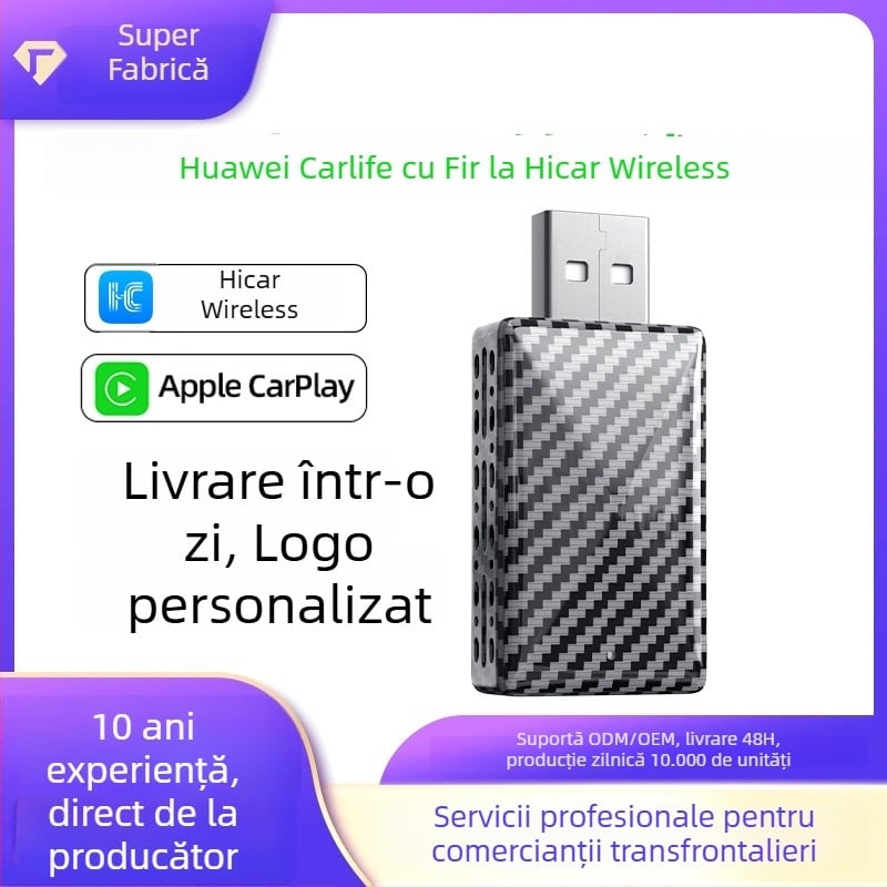 Adaptor CarPlay fără fir cu aspect fibră de carbon pentru CarLife HiCar în mașină