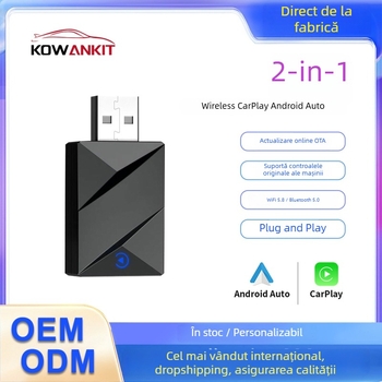 Adaptor CarPlay fără fir, 2 în 1 cu Android Auto, Kowankit K1a, CPU Quad-Core, 2GB RAM, 16GB ROM, USB-C/USB