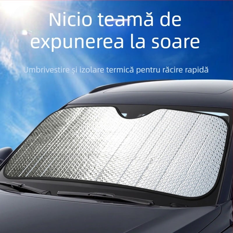 Umbra auto pentru parbrizul frontal (folie de aluminiu, montaj cu ventuză, potrivire generală, partea din față, stil simplu)