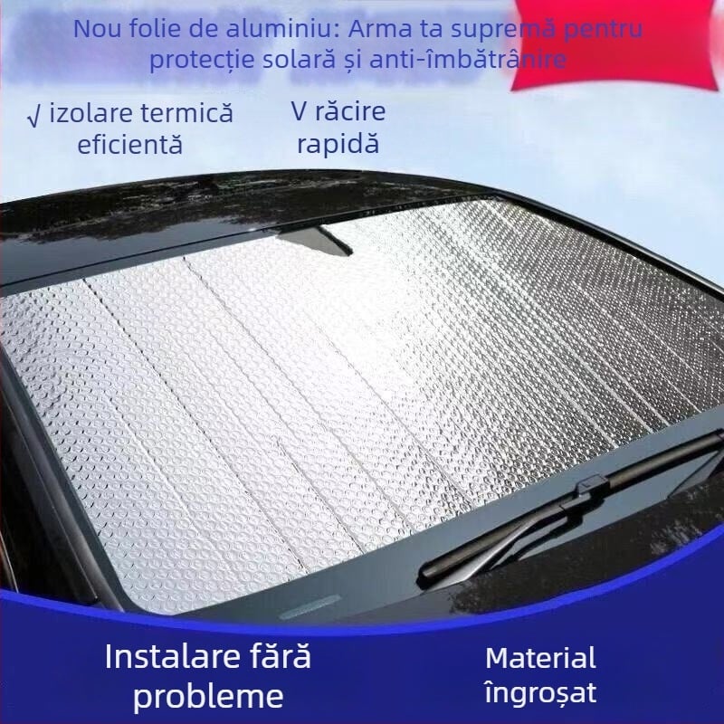 Parasolar auto din folie de aluminiu, protecție solară și izolație termică, bule dublu stratificate, pentru parbrizul frontal, întunecare completă