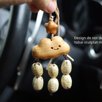 Pandantiv din lemn pentru geantă, lucrat manual, cu motiv nor și stea, lemn de ienupăr, punguță cu semințe — design original, accesorii auto