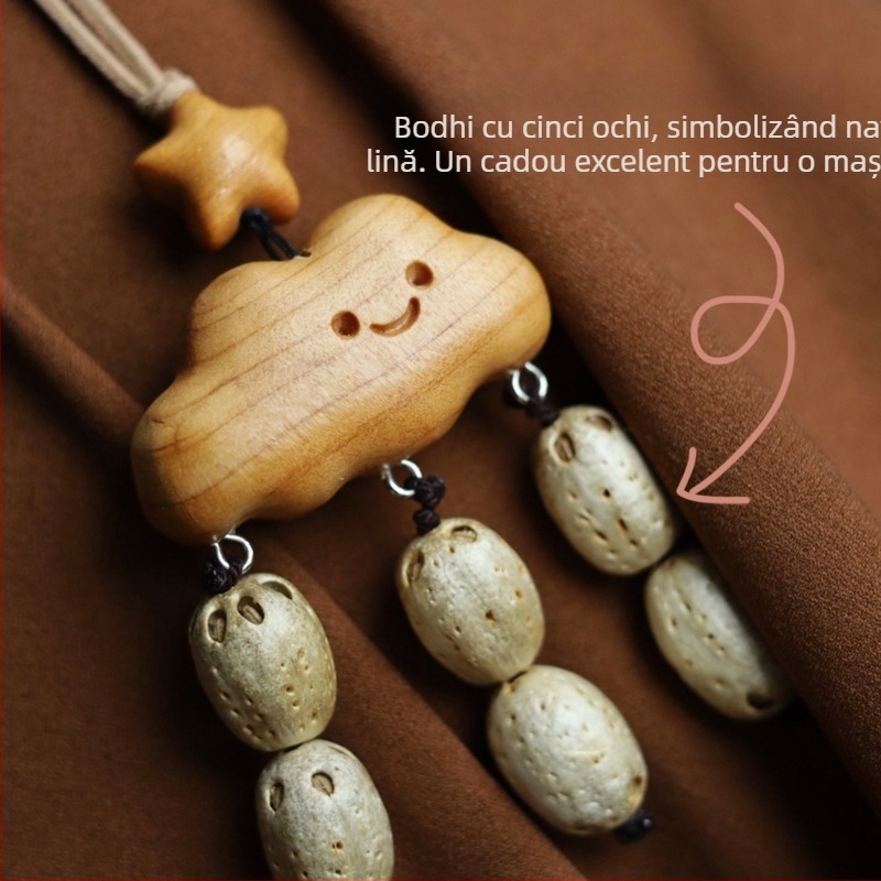 Pandantiv din lemn pentru geantă, lucrat manual, cu motiv nor și stea, lemn de ienupăr, punguță cu semințe — design original, accesorii auto