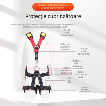 Hamă de siguranță pentru corp întreg pentru alpinism — curele umeri, talie și picioare căptușite; sarcină maximă 150 kg; material curea: poliester; material cablu: sârmă de înaltă rezistență; lungimea cablului: consultați
