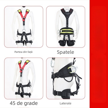 Hamă de siguranță pentru corp întreg pentru alpinism — curele umeri, talie și picioare căptușite; sarcină maximă 150 kg; material curea: poliester; material cablu: sârmă de înaltă rezistență; lungimea cablului: consultați