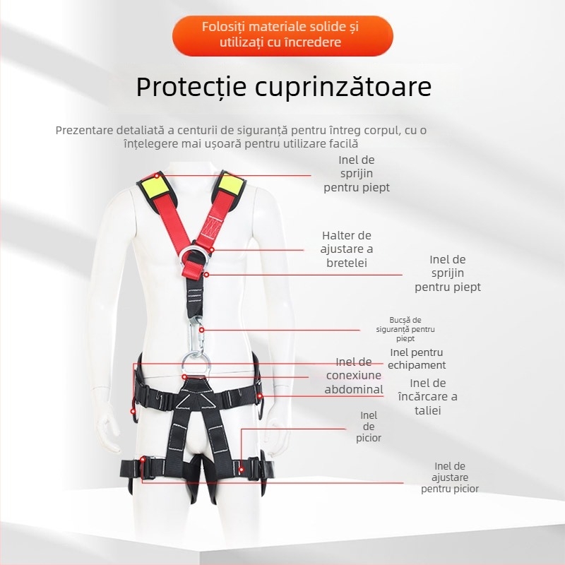 Hamă de siguranță pentru corp întreg pentru alpinism — curele umeri, talie și picioare căptușite; sarcină maximă 150 kg; material curea: poliester; material cablu: sârmă de înaltă rezistență; lungimea cablului: consultați