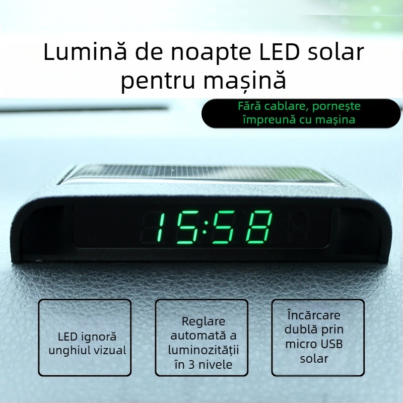 Ceas auto alimentat solar, cu temperatură și umiditate digitale, montaj universal, fără cabluri