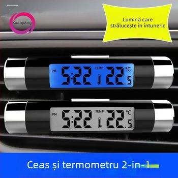Ceas auto cu termometru, calendar și afișaj analog luminos — corp metalic, tip universal, măsurător electronic de temperatură și umiditate, marcă privată autorizată: Da