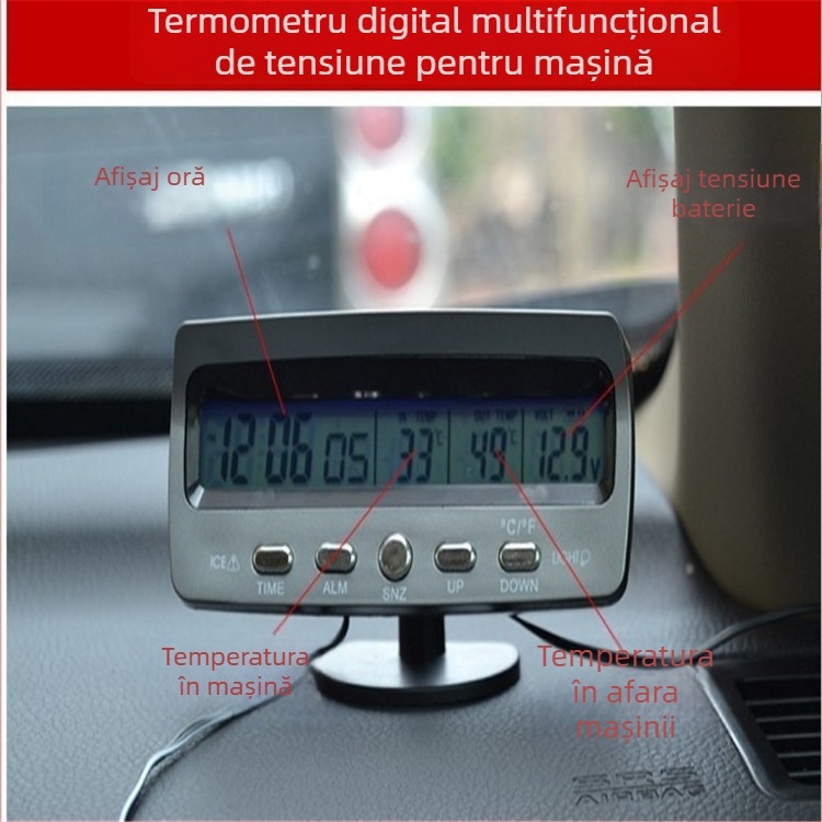 TS-7045V ceas calendar auto, voltmetru, termometre interior și exterior, afișaj LCD, accesorii auto