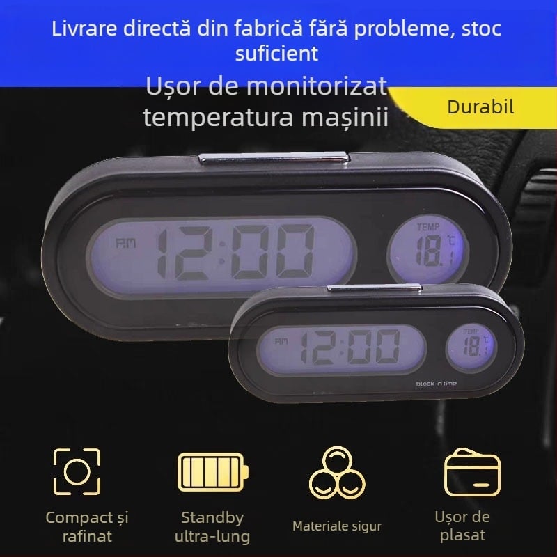 Town Head 3-în-1 aparat digital pentru autovehicul, temperatură și umiditate, detector de tensiune, termometru interior și exterior, ceas electronic