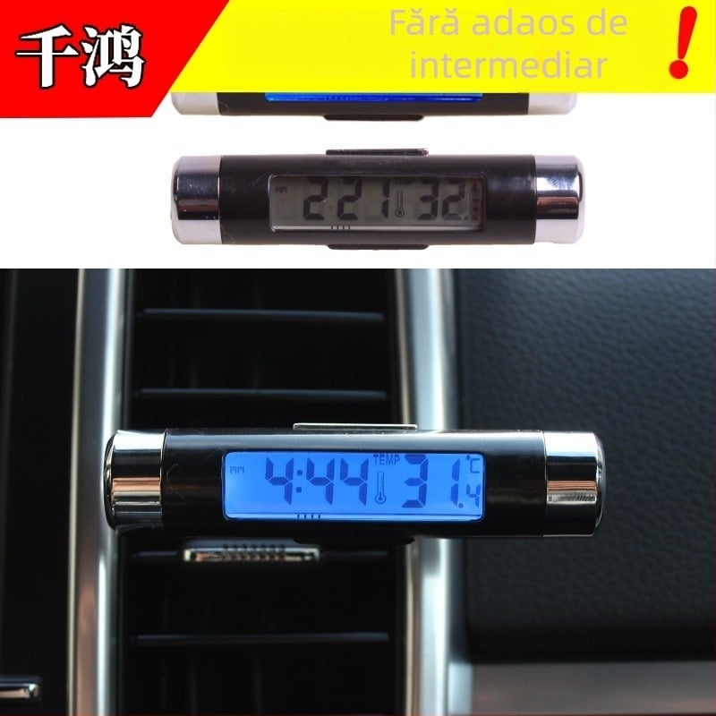 Ceas auto cu clip, termometru și afișaj luminos, model K01, construcție radială
