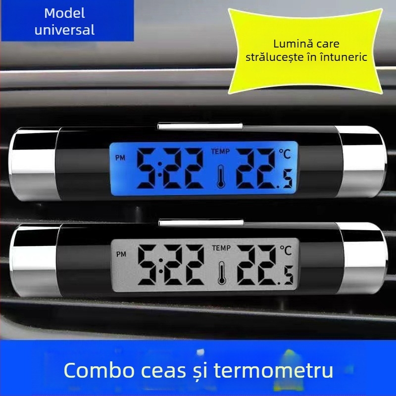 Ceas auto cu clip, termometru și afișaj luminos, model K01, construcție radială