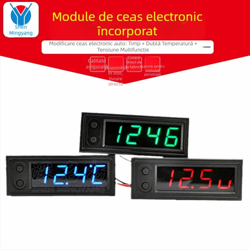 Modul de ceas încorporat pentru mașină cu afișaj timp, temperatură duală și monitorizare a tensiunii