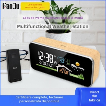 Măsurător digital de temperatură și umiditate cu afișaj VA HD, ceas meteorologic din lemn masiv, prognoză meteo RF, calendar perpetuu