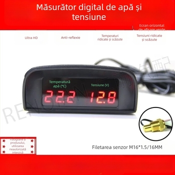 Voltmetru digital orizontal cu afișaj LED și măsurător de temperatură a apei pentru vehicule, 12V/24V