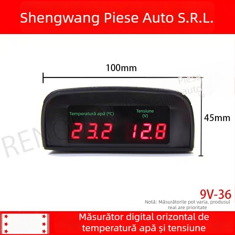 Voltmetru digital orizontal cu afișaj LED și măsurător de temperatură a apei pentru vehicule, 12V/24V