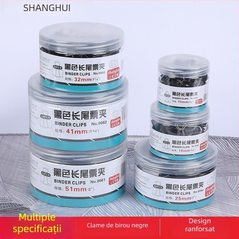 Cleme metalice pentru documente, negre, set variat de dimensiuni pentru birou - Model 0061