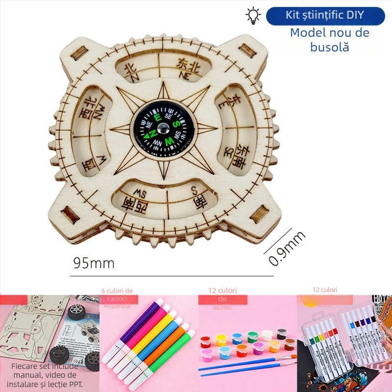 Kit DIY busolă din lemn pentru copii — jucărie educațională STEM pentru 7–14 ani, dezvoltă coordonarea mână-ochi și abilitățile cognitive