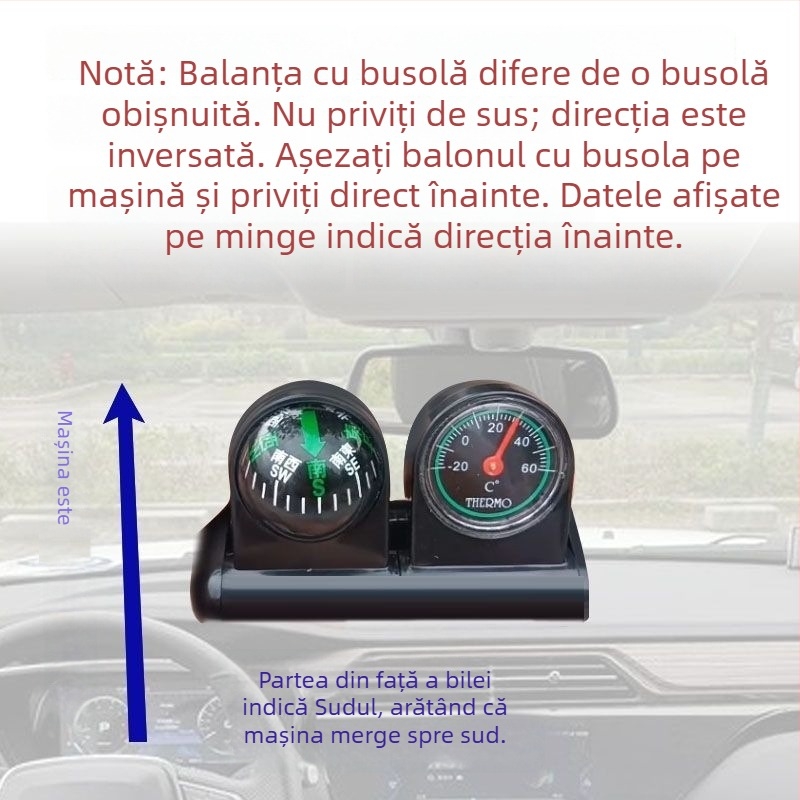 Termometru de interior auto și busolă, 2 în 1, construcție metalică