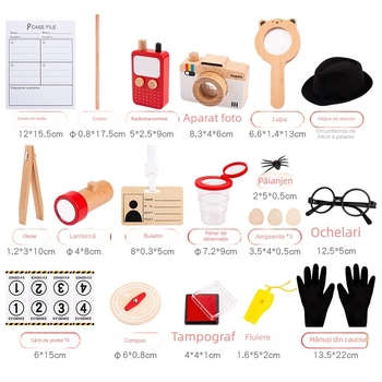 Set de joacă detectiv din lemn, cu lanternă, cameră, pălărie și busolă, pentru copii 4–6 ani