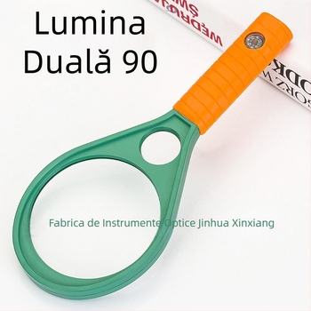 Lupă de mărire cu două lentile, 90 mm, cu busolă, design în stil rachetă de tenis din plastic