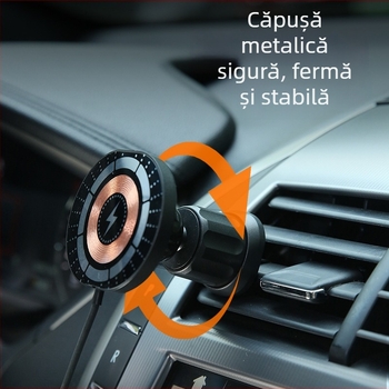Suport auto pentru telefon cu încărcare wireless magnetică, montaj pe gurile de aer, ventuză vid, încărcare rapidă de 20W, ieșire 3A