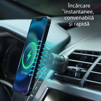 Suport auto pentru telefon cu încărcare wireless magnetică, montaj pe gurile de aer, ventuză vid, încărcare rapidă de 20W, ieșire 3A