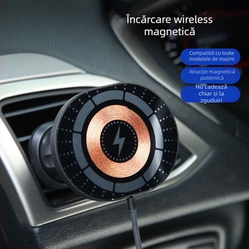 Suport auto pentru telefon cu încărcare wireless magnetică, montaj pe gurile de aer, ventuză vid, încărcare rapidă de 20W, ieșire 3A