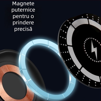 Suport auto pentru telefon cu încărcare wireless magnetică, montaj pe gurile de aer, ventuză vid, încărcare rapidă de 20W, ieșire 3A