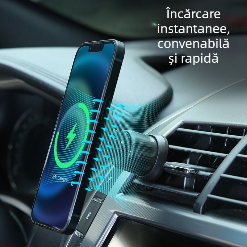 Suport auto pentru telefon cu încărcare wireless magnetică, montaj pe gurile de aer, ventuză vid, încărcare rapidă de 20W, ieșire 3A